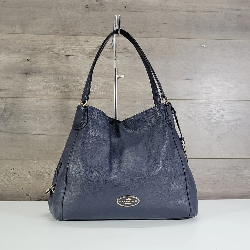 Coach Edie Navy Blue Pebble Leather Shoulder Tote 33547